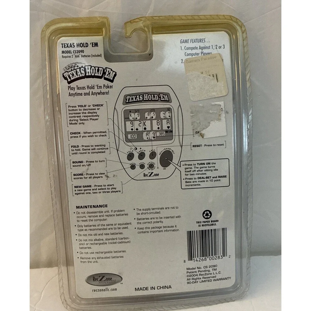 2004 Texas Hold Em Handheld Electronic Poker Game RecZone CS2090 New Sealed